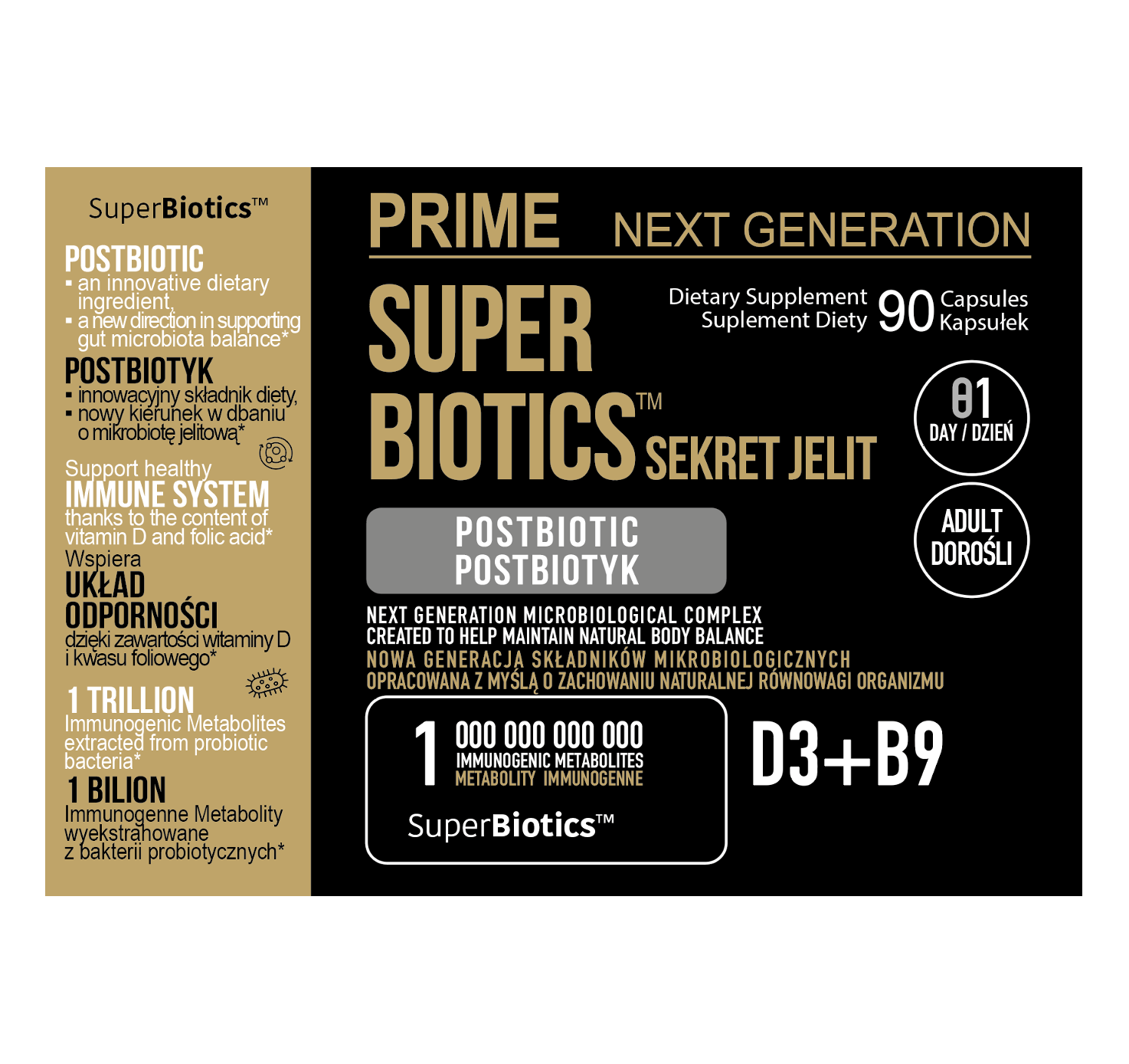 POSTBIOTYK na jelita i odporność z witaminą D3 i B9 | SUPER BIOTICS™ | 550 mg