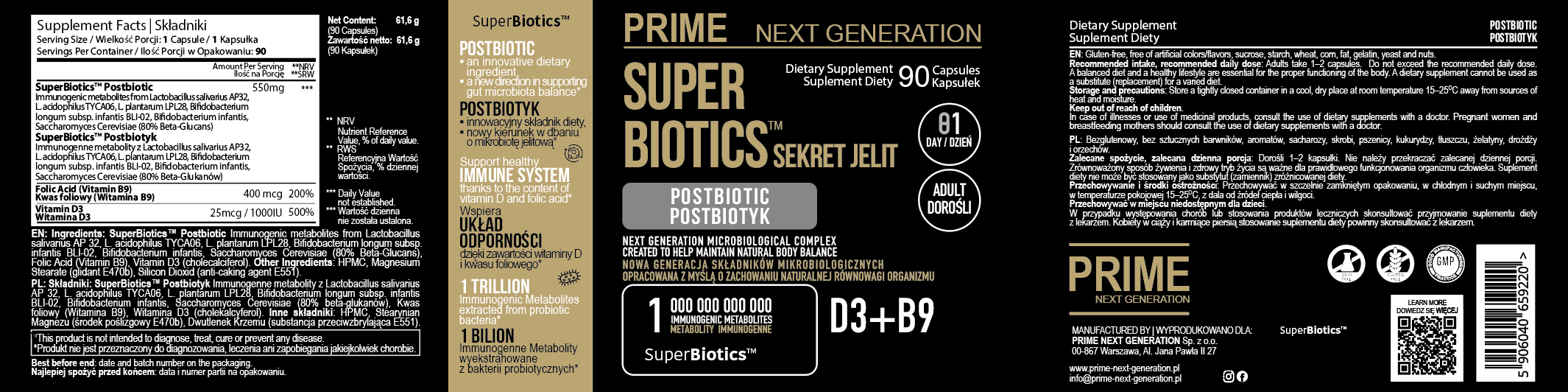 POSTBIOTYK na jelita i odporność z witaminą D3 i B9 | SUPER BIOTICS™ | 550 mg
