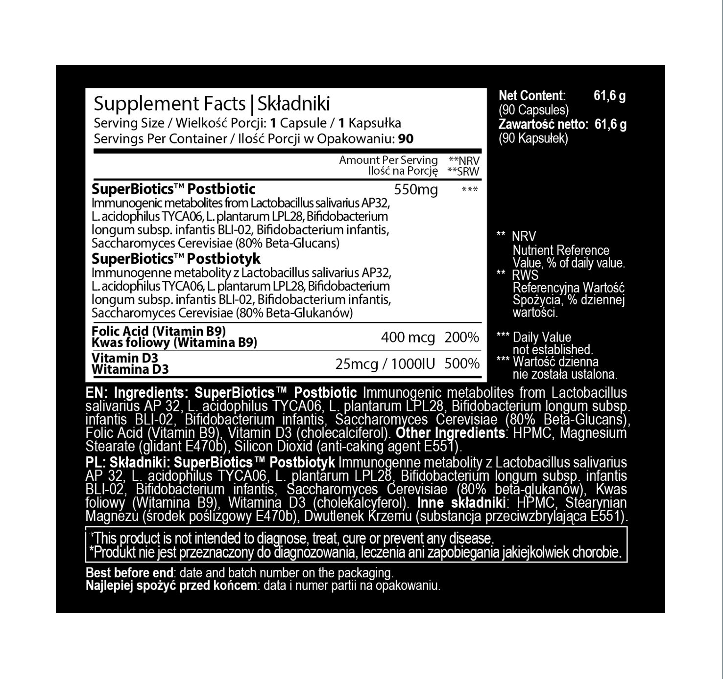 POSTBIOTYK na jelita i odporność z witaminą D3 i B9 | SUPER BIOTICS™ | 550 mg