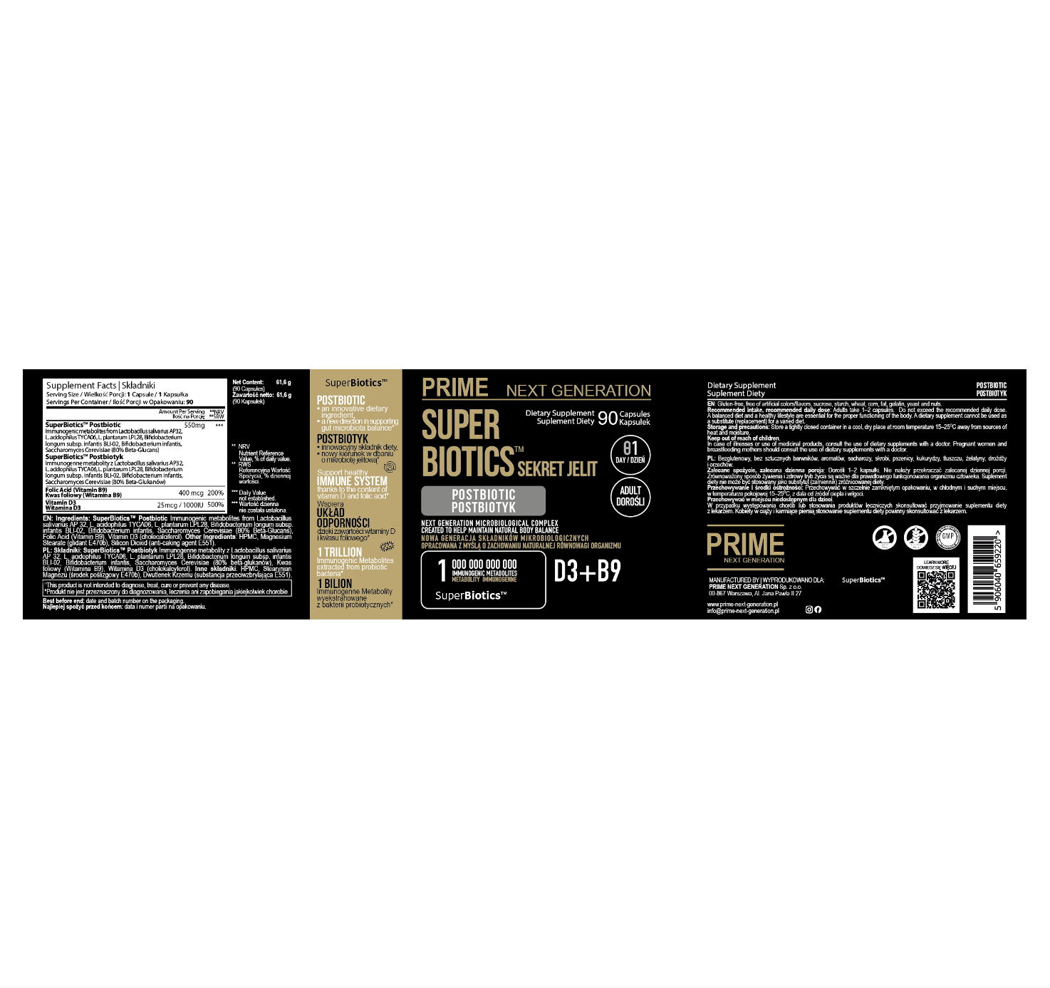 POSTBIOTYK na jelita i odporność z witaminą D3 i B9 | SUPER BIOTICS™ | 550 mg